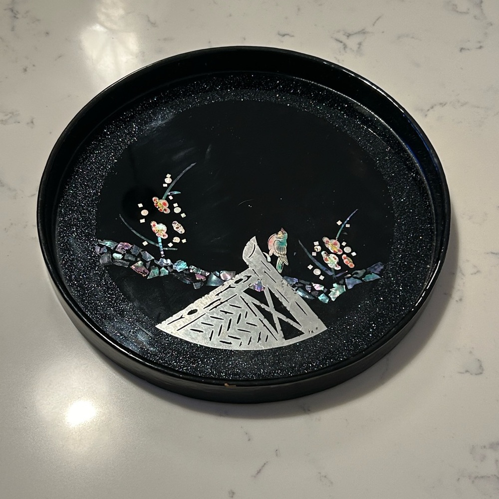 Vintage Enamel Japanese Plate with Mother of Pearl Inlay